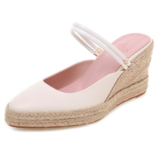 Renessmi Slingback Pointed Toe Mules Strappy Keilabsatz Damen Pantoffeln Espadrille Plateau Solid Color Draußen Footwear Beige Gr 40.5 EU-42 Cn von Renessmi
