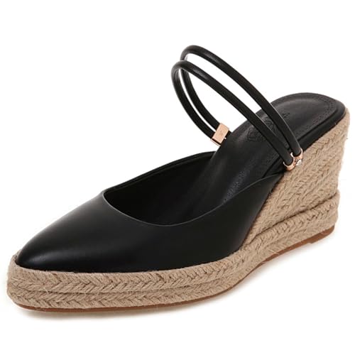 Renessmi Slingback Pointed Toe Mules Strappy Keilabsatz Damen Pantoffeln Espadrille Plateau Solid Color Draußen Footwear Schwarz Gr 39 EU-40 Cn von Renessmi