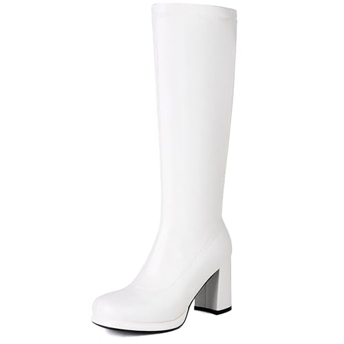 Renessmi Square Toe Blockabsatz Damen Kniehohe Stiefel Plateau Weit Fit Side Reißverschluss Long Riding Kleid Ohne Verschluss Lockere Stiefel Footwear Weiß Gr 37 EU-38 Cn von Renessmi