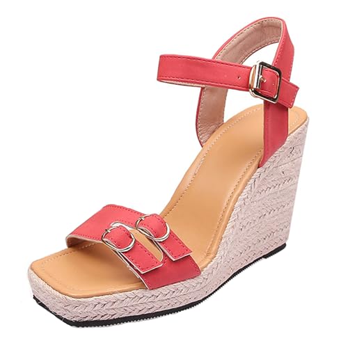 Renessmi Square Toe Weit Fit High Keilabsatz Damen Römersandalens Plateau Offene Zeh Espadrille Slingback Strappy Footwear Rot Gr 40 EU-41 Cn von Renessmi