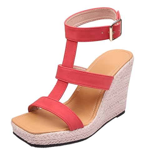 Renessmi Square Toe Weit Fit High Keilabsatz Damen Römersandalens Plateau Offene Zeh Espadrille Slingback Strappy Footwear Rot Gr 40.5 EU-42 Cn von Renessmi
