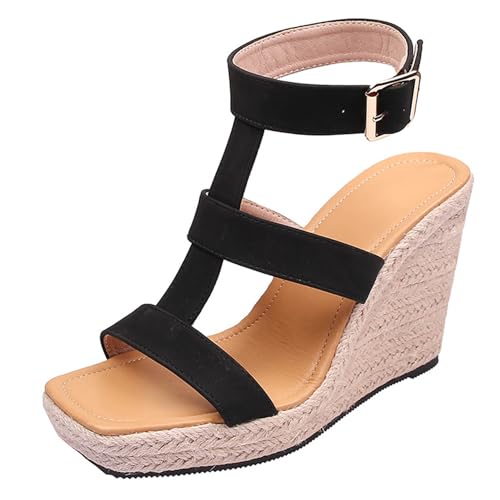 Renessmi Square Toe Weit Fit High Keilabsatz Damen Römersandalens Plateau Offene Zeh Espadrille Slingback Strappy Footwear Schwarz Gr 36 EU von Renessmi