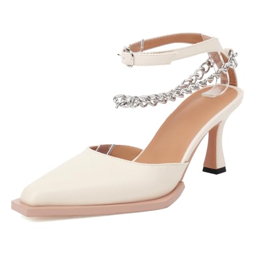 Renessmi Stiletto Little Square Toe Knöchelriemchen Damensandalen Schnalle Höhe Ferse Solid Color Party Geschlossen Footwear Beige Gr 35 EU von Renessmi