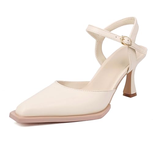 Renessmi Stiletto Little Square Toe Knöchelriemchen Damensandalen Schnalle Höhe Ferse Solid Color Party Geschlossen Footwear Beige Gr 37 EU-38 Cn von Renessmi