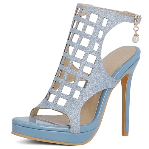 Renessmi Stiletto Offene Zeh Hollow Out Damen Römersandalens Super Höhe Ferse Plateau Glitzer Sommer Sandales Boots Footwear Blau Gr 41 EU-43 Cn von Renessmi