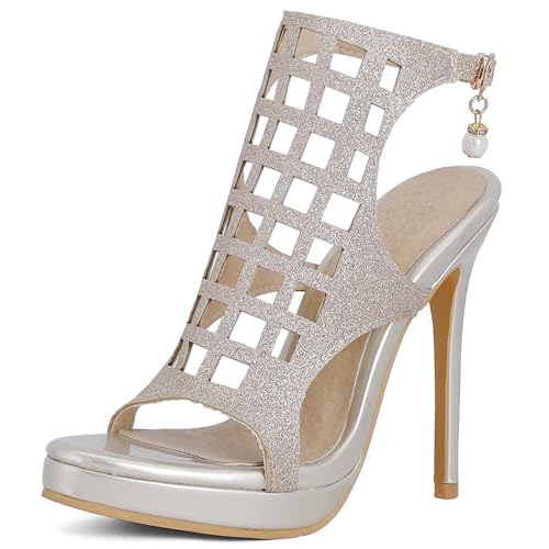 Renessmi Stiletto Offene Zeh Hollow Out Damen Römersandalens Super Höhe Ferse Plateau Glitzer Sommer Sandales Boots Footwear Gold Gr 32 EU von Renessmi