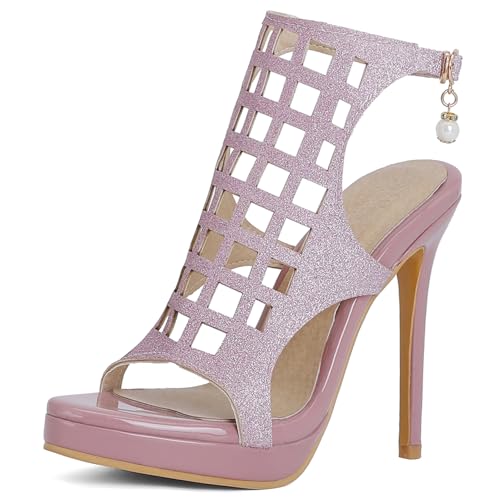 Renessmi Stiletto Offene Zeh Hollow Out Damen Römersandalens Super Höhe Ferse Plateau Glitzer Sommer Sandales Boots Footwear Pink Gr 36 EU von Renessmi