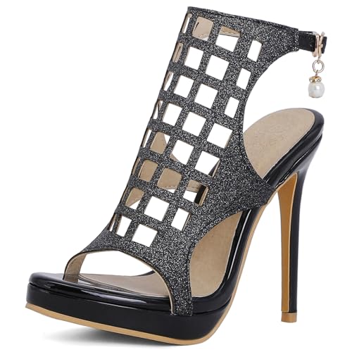 Renessmi Stiletto Offene Zeh Hollow Out Damen Römersandalens Super Höhe Ferse Plateau Glitzer Sommer Sandales Boots Footwear Schwarz Gr 47 EU-49 Cn von Renessmi