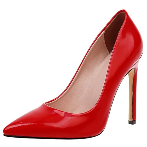 Renessmi Stiletto Pointed Toe Damen Arbeit Schuhe Ohne Verschluss Super Höhe Ferse Concise Wildleder Stylish Lack Hochzeit Footwear Rot Gr 40.5 EU-42 Cn von Renessmi