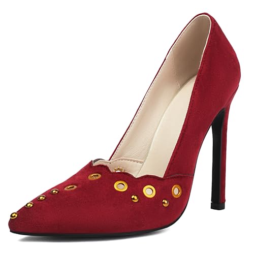 Renessmi Stiletto Pointed Toe Damen Arbeit Schuhe Ohne Verschluss Super Höhe Ferse Concise Wildleder Stylish Lack Hochzeit Footwear Rot Gr 43 EU-45 Cn von Renessmi
