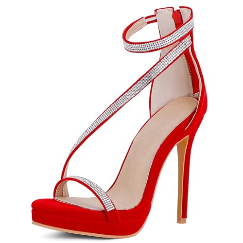 Renessmi Stiletto Wildleder Plateau Back Reißverschluss Damensandalen Elegant Abend Super Höhe Ferse Mode Offene Zeh Prom Footwear Rot Gr 38 EU-39 Cn von Renessmi
