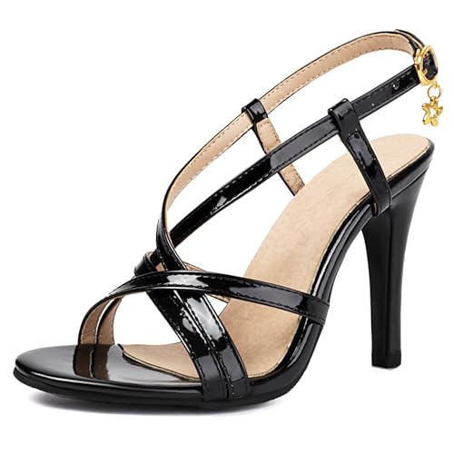 Renessmi Strappy Stiletto Offene Zeh Lack Damensandalen Slingback Runde Zehen Slingback Solid Color Sommer Kleid Footwear Schwarz Gr 36.5 EU-37 Cn von Renessmi