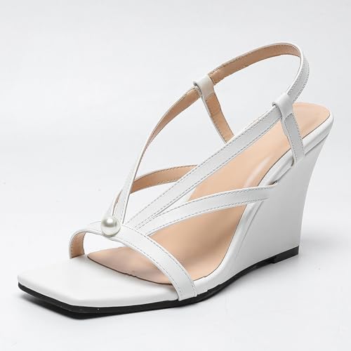 Renessmi Stylish Square Toe Keilabsatz Slingback Damensandalen Offene Zeh Slingback Solid Color Klassische Romisch Strappy Footwear Weiß Gr 37 EU-38 Cn von Renessmi