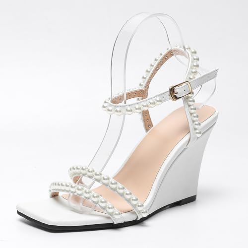 Renessmi Stylish Square Toe Keilabsatz Slingback Damensandalen Offene Zeh Slingback Solid Color Klassische Romisch Strappy Footwear Weiß Gr 39 EU-40 Cn von Renessmi