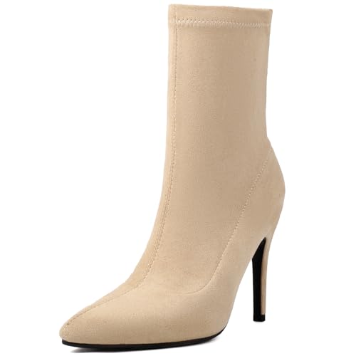 Renessmi Stylish Stiletto Pointed Toe Damen Stretch Stiefel Wildleder Ohne Verschluss Back Reißverschluss Ankle Anzugstiefel Footwear Aprikose-10Cm Gr 36 EU von Renessmi