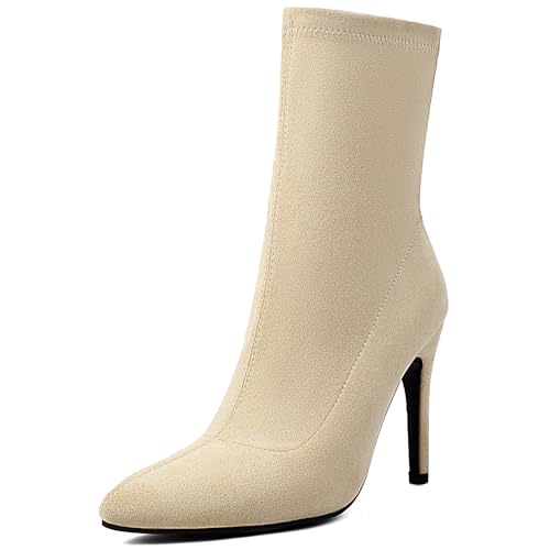Renessmi Stylish Stiletto Pointed Toe Damen Stretch Stiefel Wildleder Ohne Verschluss Back Reißverschluss Ankle Anzugstiefel Footwear Aprikose-10Cm Gr 46 EU-48 Cn von Renessmi