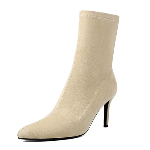 Renessmi Stylish Stiletto Pointed Toe Damen Stretch Stiefel Wildleder Ohne Verschluss Back Reißverschluss Ankle Anzugstiefel Footwear Aprikose-8Cm Gr 45 EU-47 Cn von Renessmi