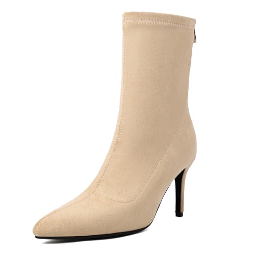 Renessmi Stylish Stiletto Pointed Toe Damen Stretch Stiefel Wildleder Ohne Verschluss Back Reißverschluss Ankle Anzugstiefel Footwear Aprikose-8Cm Gr 45 EU-47 Cn von Renessmi
