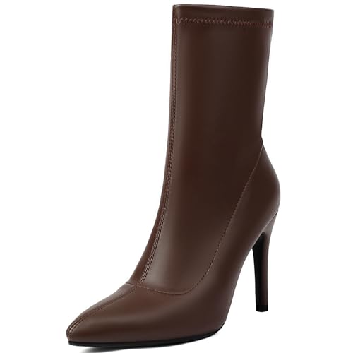 Renessmi Stylish Stiletto Pointed Toe Damen Stretch Stiefel Wildleder Ohne Verschluss Back Reißverschluss Ankle Anzugstiefel Footwear Braun-10Cm Gr 45 EU-47 Cn von Renessmi
