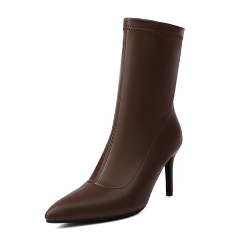 Renessmi Stylish Stiletto Pointed Toe Damen Stretch Stiefel Wildleder Ohne Verschluss Back Reißverschluss Ankle Anzugstiefel Footwear Braun-8Cm Gr 36.5 EU-37 Cn von Renessmi