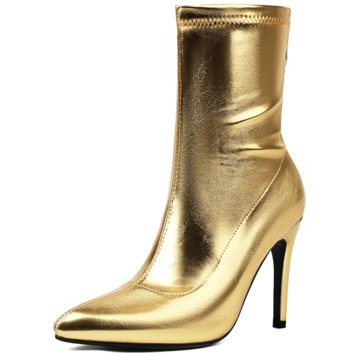 Renessmi Stylish Stiletto Pointed Toe Damen Stretch Stiefel Wildleder Ohne Verschluss Back Reißverschluss Ankle Anzugstiefel Footwear Gold-10Cm Gr 45 EU-47 Cn von Renessmi