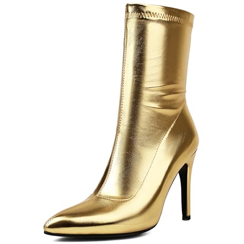 Renessmi Stylish Stiletto Pointed Toe Damen Stretch Stiefel Wildleder Ohne Verschluss Back Reißverschluss Ankle Anzugstiefel Footwear Gold-10Cm Gr 46 EU-48 Cn von Renessmi
