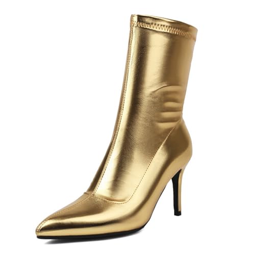 Renessmi Stylish Stiletto Pointed Toe Damen Stretch Stiefel Wildleder Ohne Verschluss Back Reißverschluss Ankle Anzugstiefel Footwear Gold-8Cm Gr 45 EU-47 Cn von Renessmi