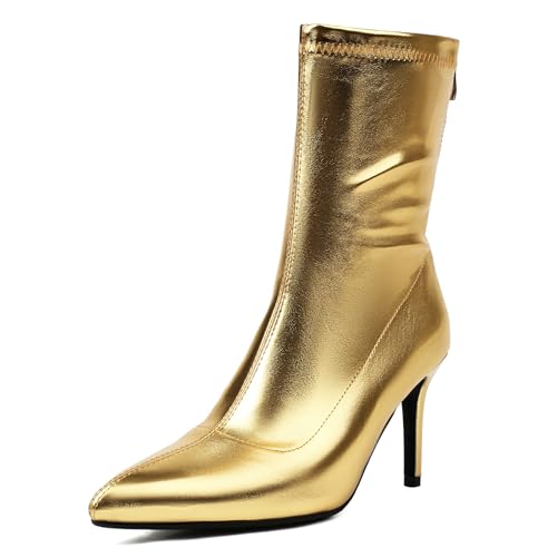 Renessmi Stylish Stiletto Pointed Toe Damen Stretch Stiefel Wildleder Ohne Verschluss Back Reißverschluss Ankle Anzugstiefel Footwear Gold-8Cm Gr 45 EU-47 Cn von Renessmi