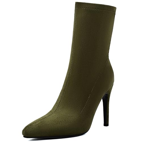 Renessmi Stylish Stiletto Pointed Toe Damen Stretch Stiefel Wildleder Ohne Verschluss Back Reißverschluss Ankle Anzugstiefel Footwear Grün-10Cm Gr 46 EU-48 Cn von Renessmi