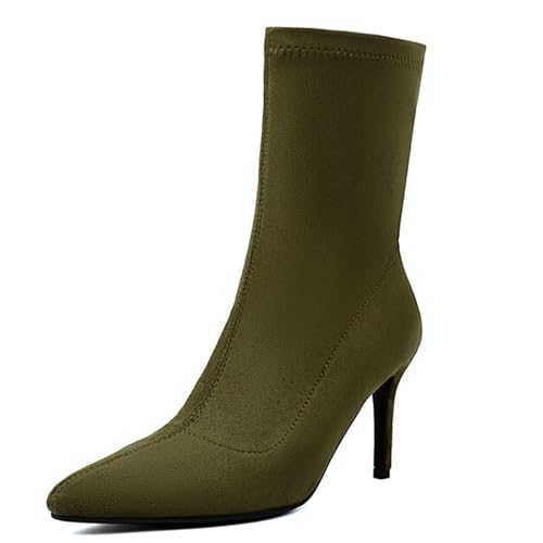 Renessmi Stylish Stiletto Pointed Toe Damen Stretch Stiefel Wildleder Ohne Verschluss Back Reißverschluss Ankle Anzugstiefel Footwear Grün-8Cm Gr 40.5 EU-42 Cn von Renessmi