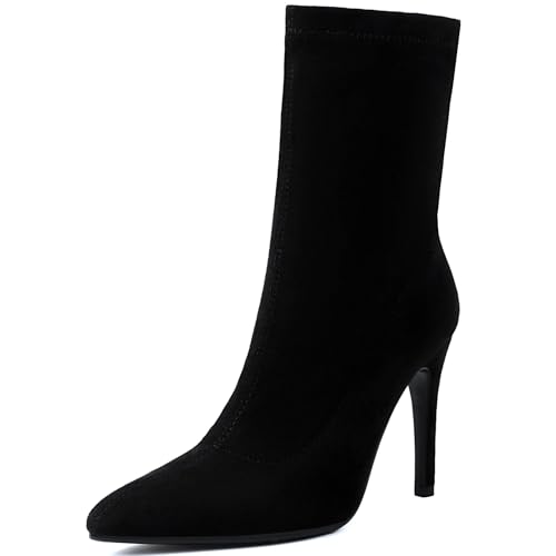 Renessmi Stylish Stiletto Pointed Toe Damen Stretch Stiefel Wildleder Ohne Verschluss Back Reißverschluss Ankle Anzugstiefel Footwear Schwarz-10Cm Gr 34 EU von Renessmi