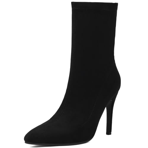 Renessmi Stylish Stiletto Pointed Toe Damen Stretch Stiefel Wildleder Ohne Verschluss Back Reißverschluss Ankle Anzugstiefel Footwear Schwarz-10Cm Gr 40.5 EU-42 Cn von Renessmi