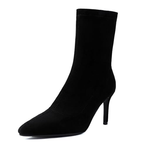 Renessmi Stylish Stiletto Pointed Toe Damen Stretch Stiefel Wildleder Ohne Verschluss Back Reißverschluss Ankle Anzugstiefel Footwear Schwarz-8Cm Gr 36.5 EU-37 Cn von Renessmi