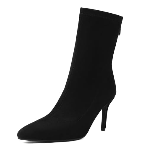 Renessmi Stylish Stiletto Pointed Toe Damen Stretch Stiefel Wildleder Ohne Verschluss Back Reißverschluss Ankle Anzugstiefel Footwear Schwarz-8Cm Gr 36.5 EU-37 Cn von Renessmi