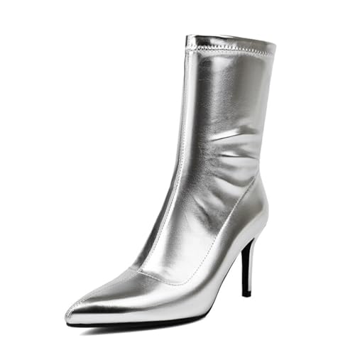 Renessmi Stylish Stiletto Pointed Toe Damen Stretch Stiefel Wildleder Ohne Verschluss Back Reißverschluss Ankle Anzugstiefel Footwear Silber-8Cm Gr 45 EU-47 Cn von Renessmi
