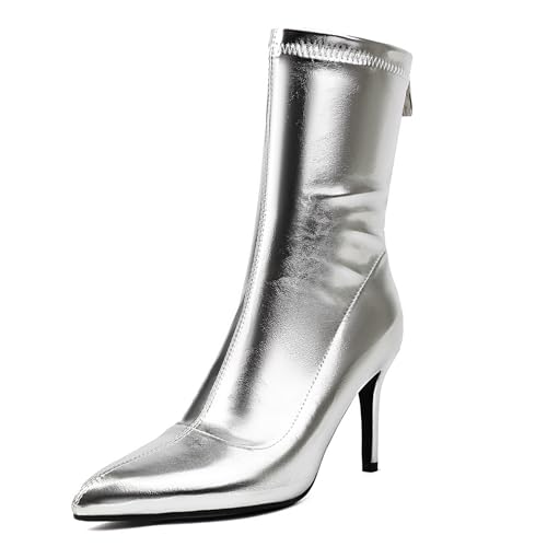 Renessmi Stylish Stiletto Pointed Toe Damen Stretch Stiefel Wildleder Ohne Verschluss Back Reißverschluss Ankle Anzugstiefel Footwear Silber-8Cm Gr 46 EU-48 Cn von Renessmi