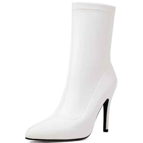 Renessmi Stylish Stiletto Pointed Toe Damen Stretch Stiefel Wildleder Ohne Verschluss Back Reißverschluss Ankle Anzugstiefel Footwear Weiß-10Cm Gr 43 EU-45 Cn von Renessmi