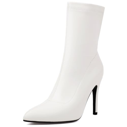 Renessmi Stylish Stiletto Pointed Toe Damen Stretch Stiefel Wildleder Ohne Verschluss Back Reißverschluss Ankle Anzugstiefel Footwear Weiß-10Cm Gr 46 EU-48 Cn von Renessmi