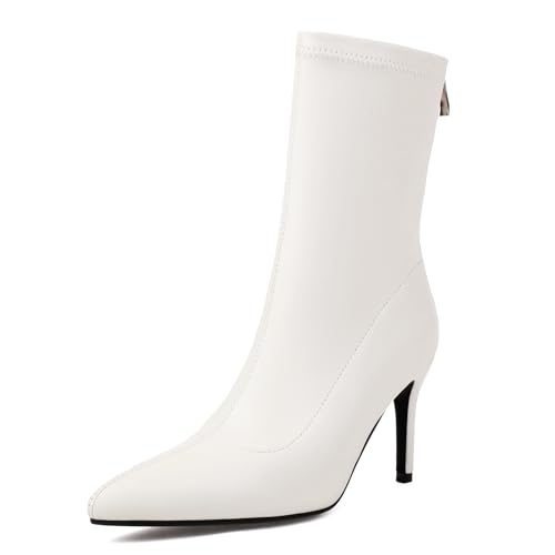 Renessmi Stylish Stiletto Pointed Toe Damen Stretch Stiefel Wildleder Ohne Verschluss Back Reißverschluss Ankle Anzugstiefel Footwear Weiß-8Cm Gr 45 EU-47 Cn von Renessmi