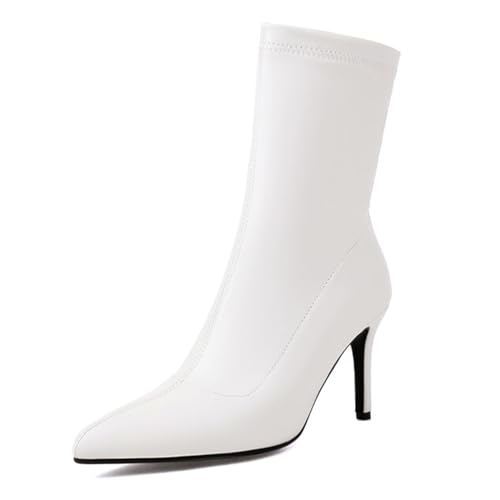 Renessmi Stylish Stiletto Pointed Toe Damen Stretch Stiefel Wildleder Ohne Verschluss Back Reißverschluss Ankle Anzugstiefel Footwear Weiß-8Cm Gr 46 EU-48 Cn von Renessmi