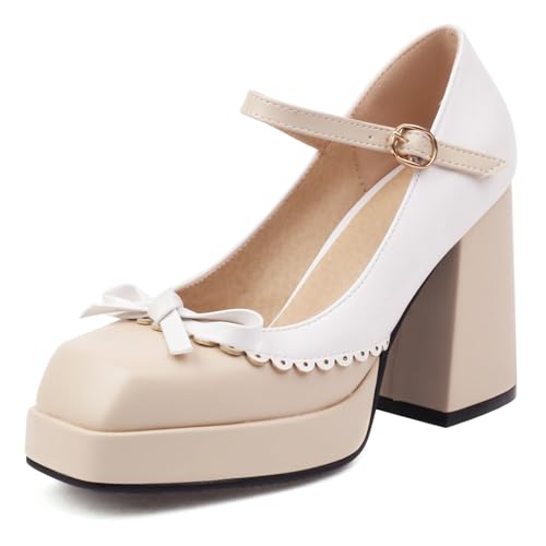 Renessmi Süß Bogen Knöchelriemchen Mary Jane Plateau Damen Schuhe Square Toe Weit Fit Schnalle Blockabsatz Princess Footwear Beige Gr 43 EU-45 Cn von Renessmi