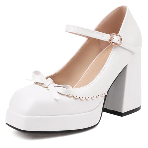Renessmi Süß Bogen Knöchelriemchen Mary Jane Plateau Damen Schuhe Square Toe Weit Fit Schnalle Blockabsatz Princess Footwear Weiß Gr 32 EU von Renessmi