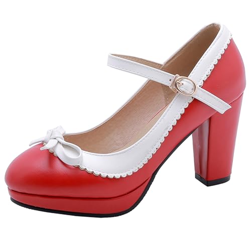 Renessmi Süß Bogen Schnalle Mary Jane Runde Zehen Damen Schuhe Knöchelriemchen Plateau High Blockabsatz Ruffles Princess Footwear Rot Gr 38 EU-39 Cn Renessmi Süß Bogen Schnalle Mary Jane Runde Zehen Damen Schuhe Knöchelriemchen Plateau High Blockabsatz Ruffles Princess Footwear Rot Gr 38 EU-39 Cn von Renessmi