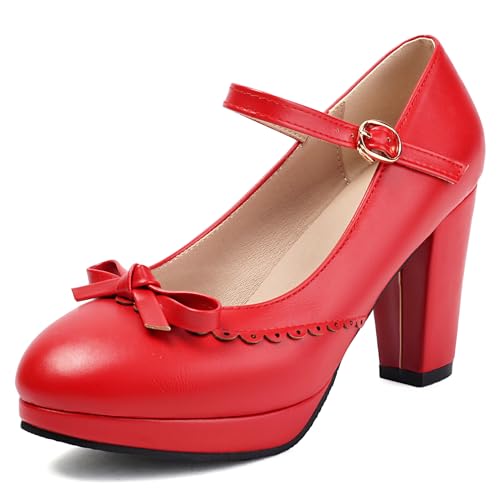 Renessmi Süß Bogen Schnalle Mary Jane Runde Zehen Damen Schuhe Knöchelriemchen Plateau High Blockabsatz Ruffles Princess Footwear Rot Gr 40.5 EU-42 Cn von Renessmi