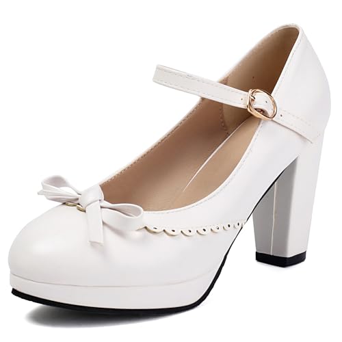 Renessmi Süß Bogen Schnalle Mary Jane Runde Zehen Damen Schuhe Knöchelriemchen Plateau High Blockabsatz Ruffles Princess Footwear Weiß Gr 40 EU-41 Cn Renessmi Süß Bogen Schnalle Mary Jane Runde Zehen Damen Schuhe Knöchelriemchen Plateau High Blockabsatz Ruffles Princess Footwear Weiß Gr 40 EU-41 Cn von Renessmi
