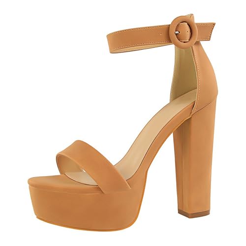Renessmi Super Höhe Ferse Offene Zeh Knöchelriemchen Damensandalen Plateau Blockabsatz Strappy Sommer Prom Mode Footwear Camel Gr 39 EU-40 Cn von Renessmi