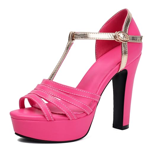 Renessmi Super Höhe Ferse Peep Toe Knöchelriemchen Damen Gladiator Sandals Plateau Blockabsatz Schnalle Hochzeit Mode Footwear Pink Gr 34 EU von Renessmi