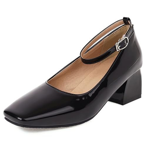 Renessmi Sweet Blockabsatz Leisure Square Toe Damen Arbeit Schuhe Knöchelriemchen Mary Jane Lack Schnalle Lack Girl Pumps Footwear Schwarz Gr 50 EU-52 Cn von Renessmi