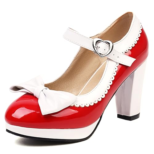Renessmi Sweet Bogen Blockabsatz Plateau Ruffles Damen Schuhe Runde Zehen Knöchelriemchen Schnalle Lovely Mary Jane Footwear Rot Gr 39 EU-40 Cn Renessmi Sweet Bogen Blockabsatz Plateau Ruffles Damen Schuhe Runde Zehen Knöchelriemchen Schnalle Lovely Mary Jane Footwear Rot Gr 39 EU-40 Cn von Renessmi