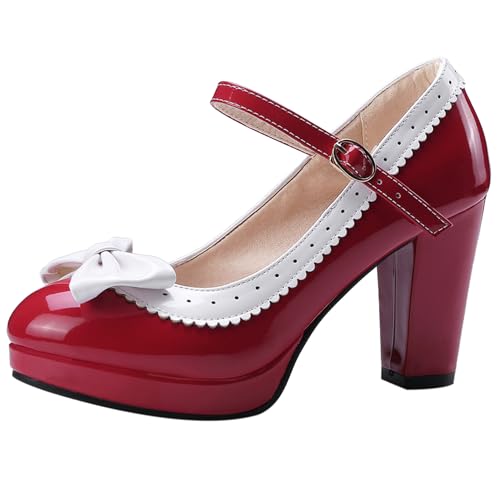 Renessmi Sweet Bogen Blockabsatz Plateau Ruffles Damen Schuhe Runde Zehen Knöchelriemchen Schnalle Lovely Mary Jane Footwear Rot Gr 40.5 EU-42 Cn Renessmi Sweet Bogen Blockabsatz Plateau Ruffles Damen Schuhe Runde Zehen Knöchelriemchen Schnalle Lovely Mary Jane Footwear Rot Gr 40.5 EU-42 Cn von Renessmi